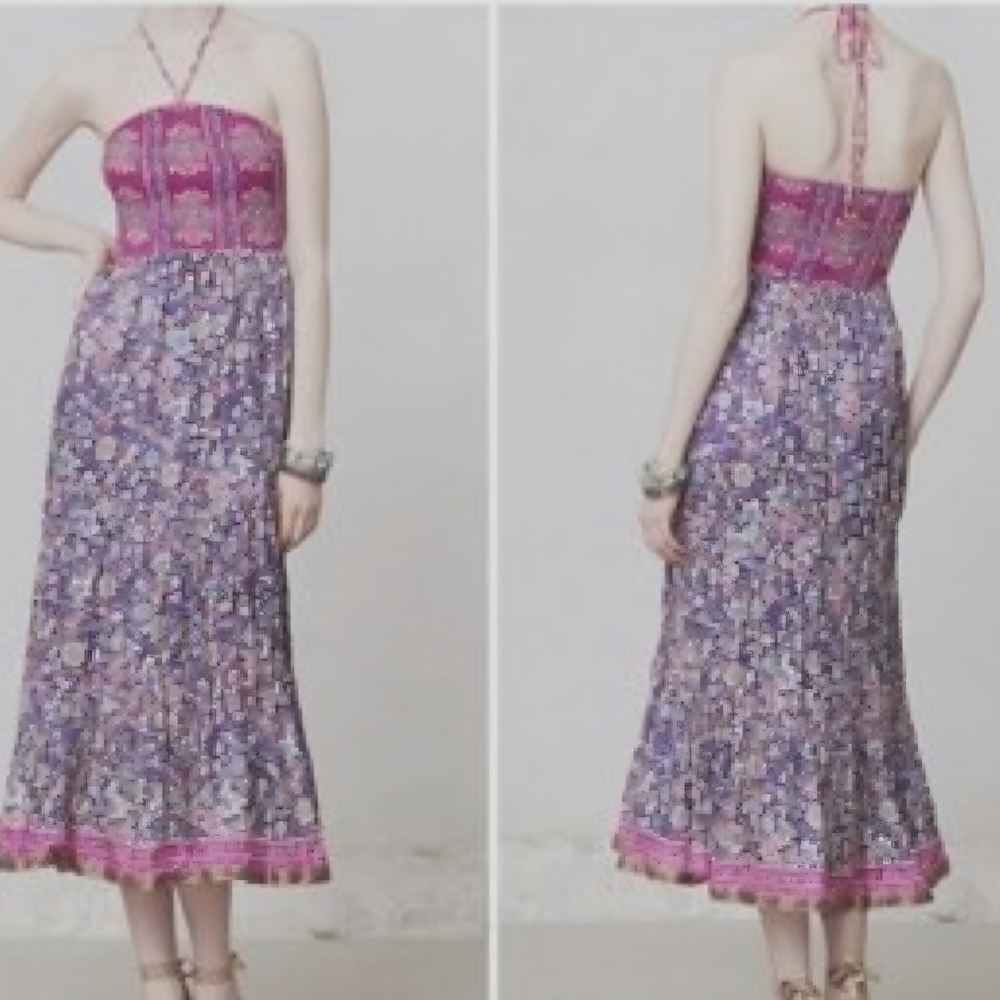 Maeve Strapless Dress in Pink and Purple Smocked With Stretch XS To Small 1400